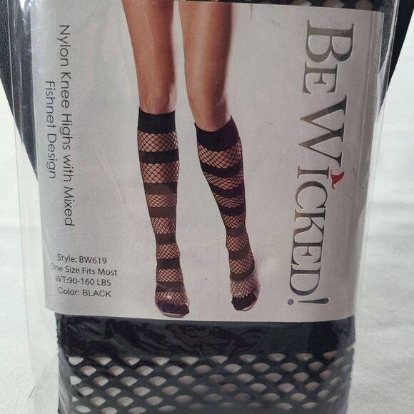 NWT BeWicked Black Nylon Knee Highs Mixed Fishnet One Size Goth Sexy - Picture 3 of 5